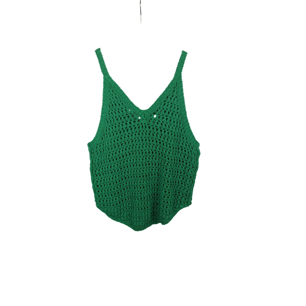 Free People Beach Green Crochet Tank Top Cotton Open Knit V-Neck Medium